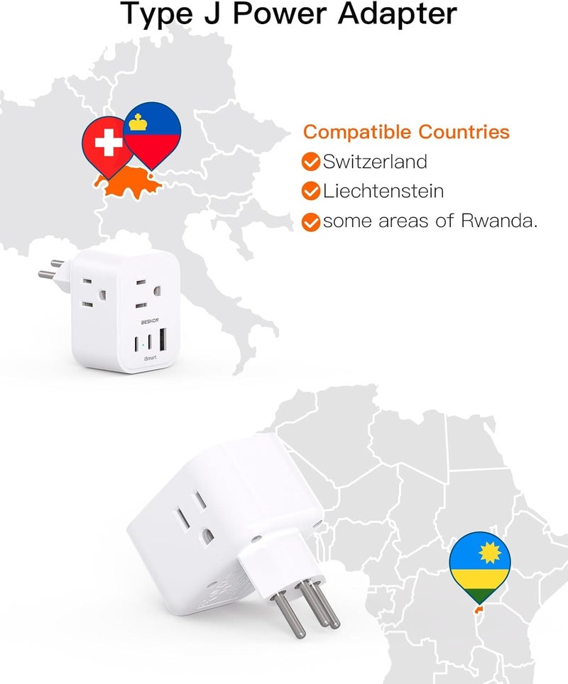 BESHON 【2 Pack】 Switzerland Travel Plug Adapter, Type J Power Adapter with 3 Outlets, 3 USB Ports (2 USB C), Travel Essentials US to Switzerland, Rwanda, Liechtenstein - Image 2